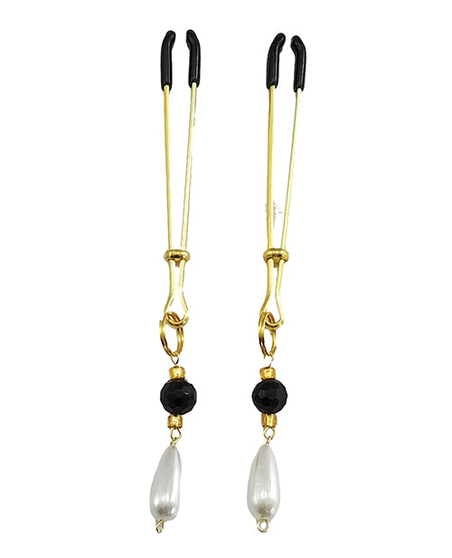 Bijoux De Nip Tweezer Nipple Clamp W-black & Gold Beads W-pearl - Gold