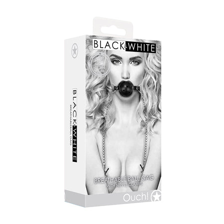 Ouch! Black & White Collection Breathable Ball Gag With Nipple Clamps Black