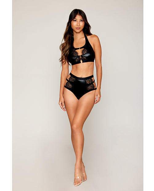 Stretch Faux Leather and Eyelash Lace Bralette w/High-Waisted Panty - Black