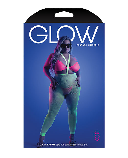 Glow Come Alive Suspender Stockings, Bralette & G-string Multi Color