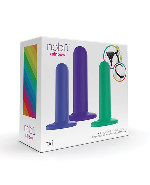 Nobu Tai Silicone Dildo Set w/Adjustable Strap On - 3 Piece Kit Assorted Colors