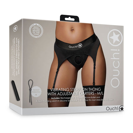 Shots Ouch! Vibrating Strap-on Thong with Adjustable Garters Black M/L