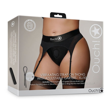 Shots Ouch! Vibrating Strap-on Thong with Adjustable Garters Black XL/2XL