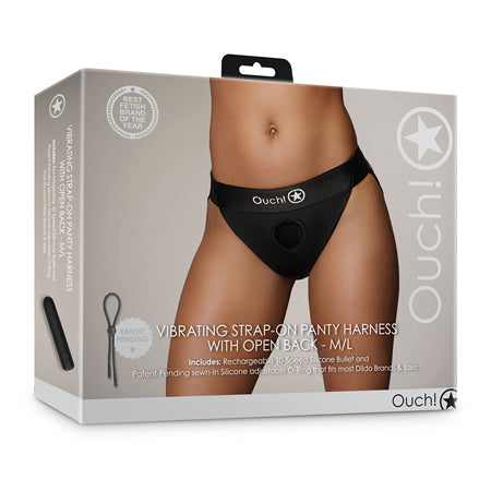 Shots Ouch! Vibrating Strap-on Panty Harness with Open Back Black M/L