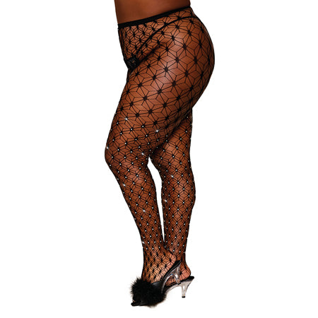 Dreamgirl Geometric Fence Net Pantyhose with Rhinestone Embellishment Black Queen Size