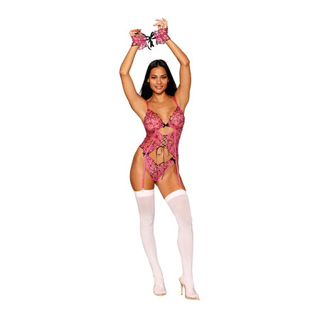 Dreamgirl Multicolored Heart Embroidered Bustier, G-string and Wrist Restraints Set Peony O/S