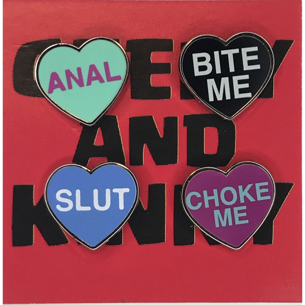 Geeky and Kinky Heart Pin 4 pk (anal - slut - bite me - choke me) - Casual Toys