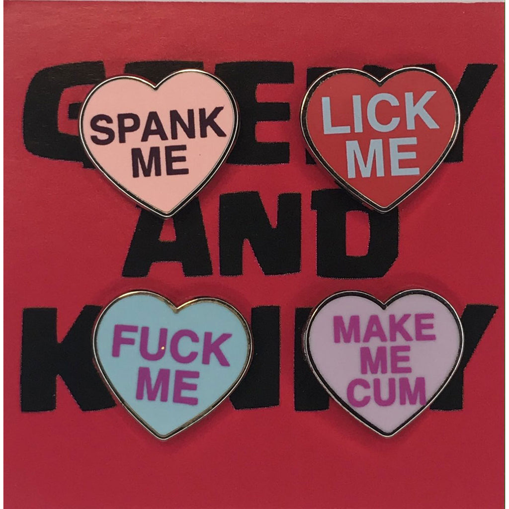 Geeky and Kinky Heart Pin 4 pk (Spank me - lick me - fuck me - make me cum) - Casual Toys