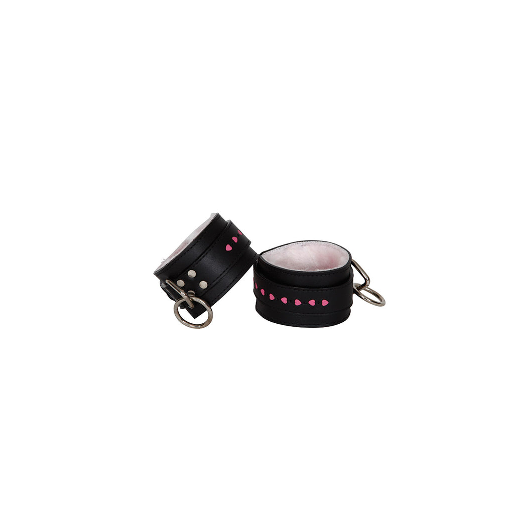 Sex Kitten Wrist Cuffs Black Leather w- Pink Fur - Casual Toys