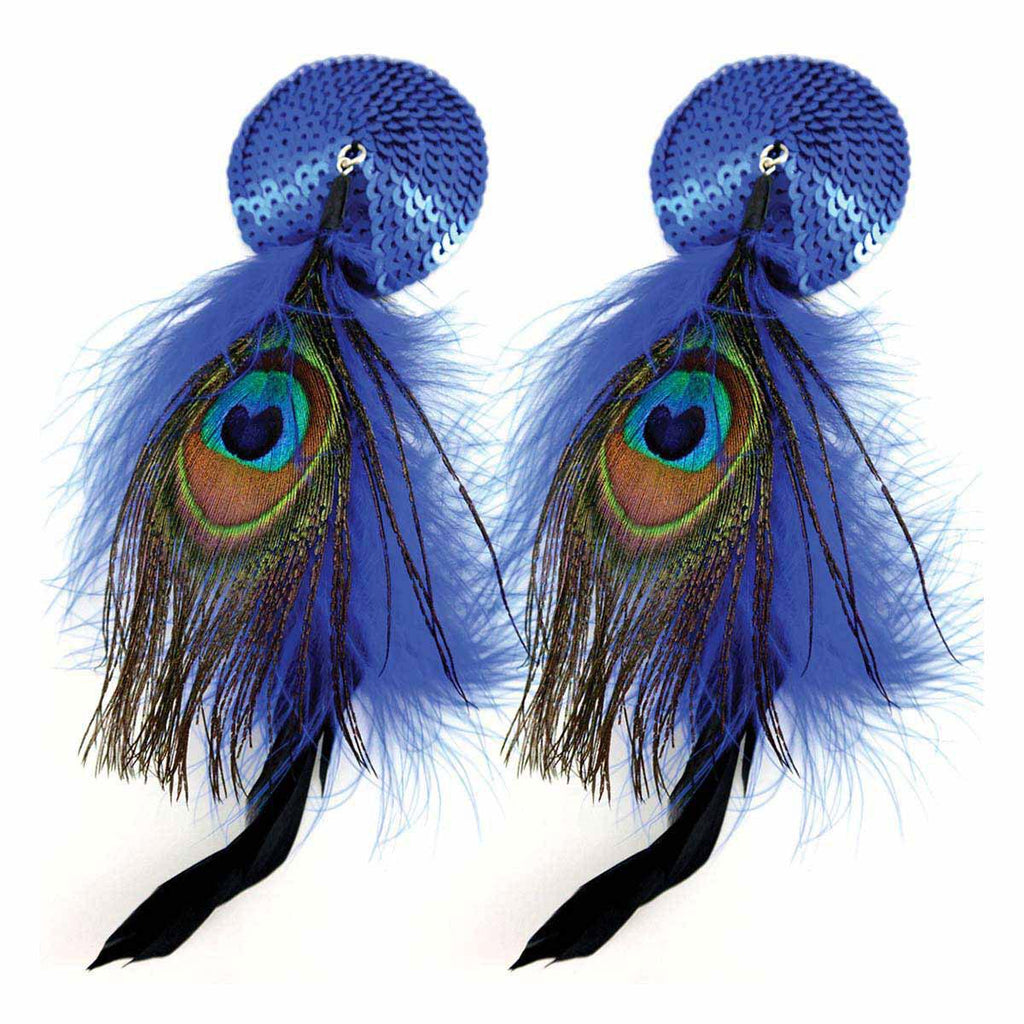 Bijoux de Nip Round Blue Sequin Pasties w- Feathers - Casual Toys