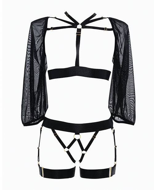 Adore Ibiza Babe Strappy Open Front Bodice W/mesh Sleeves & Open Gartered Panty Black O/s
