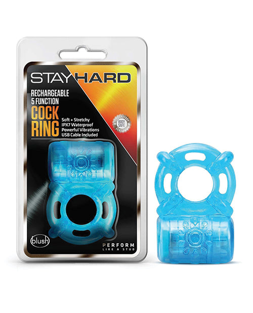 Blush Stay Hard Rechargeable 5 Function Cock Ring- Blue - Casual Toys