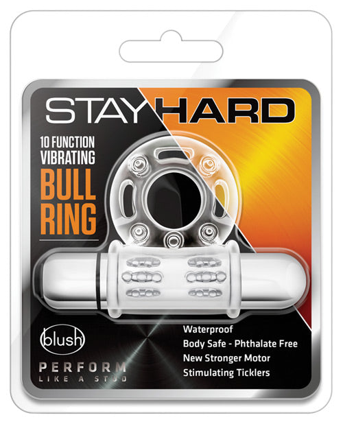 Blush Stay Hard 10 Function Vibrating Bull Ring Cock Ring - Clear - Casual Toys
