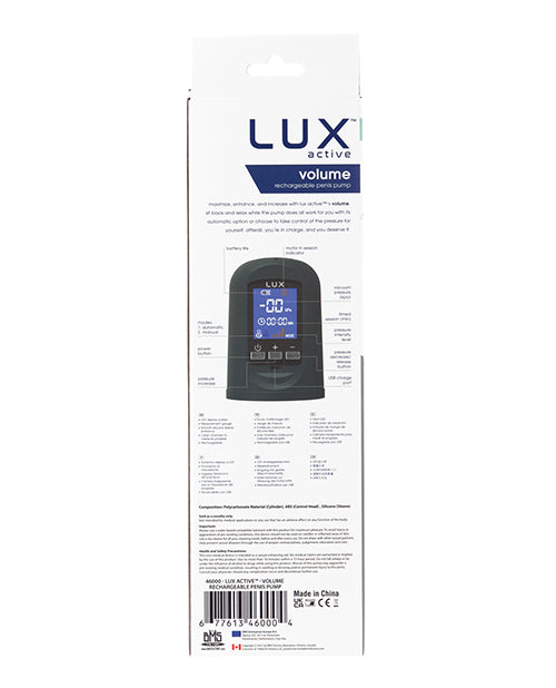 Lux Active Volume Rechargeable Penis Pump - Black - Casual Toys