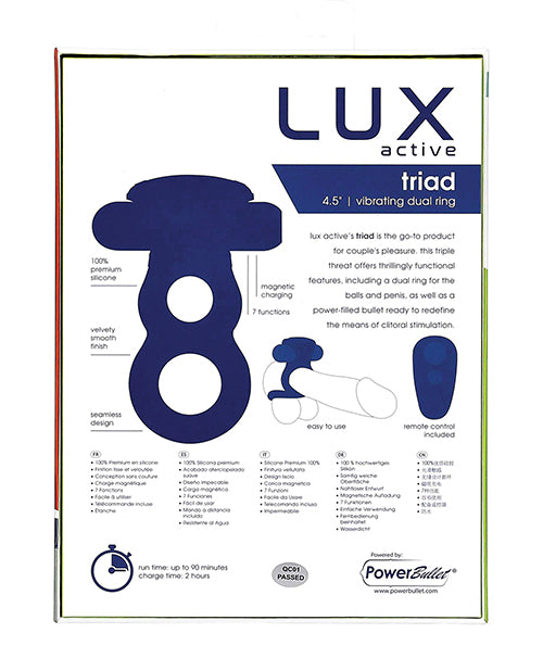 Lux Active Triad 4.5" Vibrating Dual Ring W-remote - Dark Blue - Casual Toys