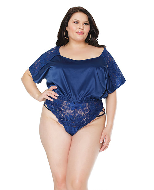 Stretch Satin & Scallop Stretch Lace Off The Shoulder Romper Navy Os-xl - Casual Toys