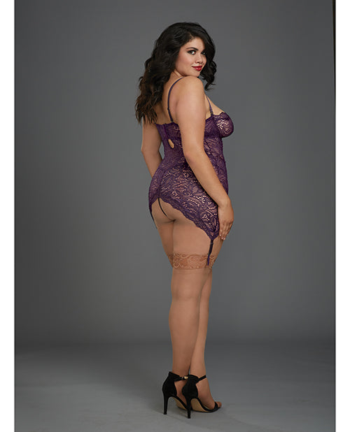 Stretch Lace Garter Slip W/removable Straps & Attached Side Garters & G-string Plum - Casual Toys