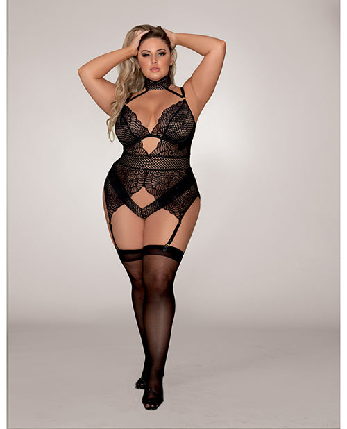 Scalloped Stretch Lace, Snap Crotch Gartered Teddy Black - Casual Toys