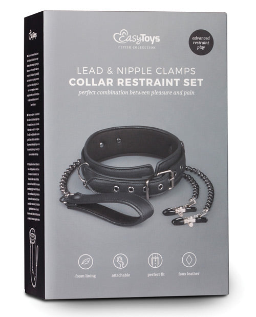 Easy Toys Faux Leather Collar W-nipple Chains - Black - Casual Toys