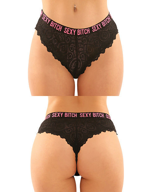 Vibes Buddy Sexy Bitch Lace Panty & Micro Thong Black/pnk - Casual Toys