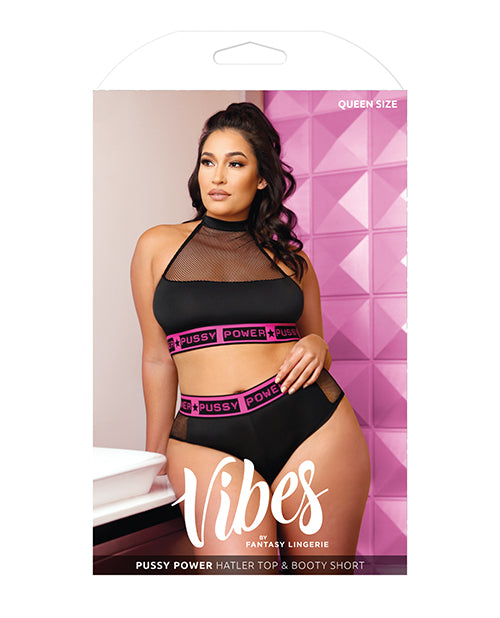 Vibes Pussy Power Micro-net Halter Top & Booty Short Black Qn - Casual Toys