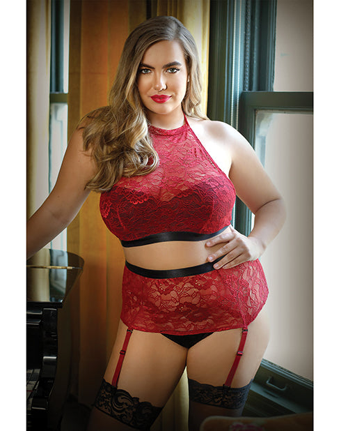 Curve Aria Lace Halter Top & High Waist Panty Red - Casual Toys