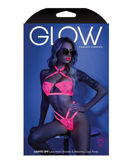 Glow Black Light Halter Bandeau & Cage Panty Neon Pink