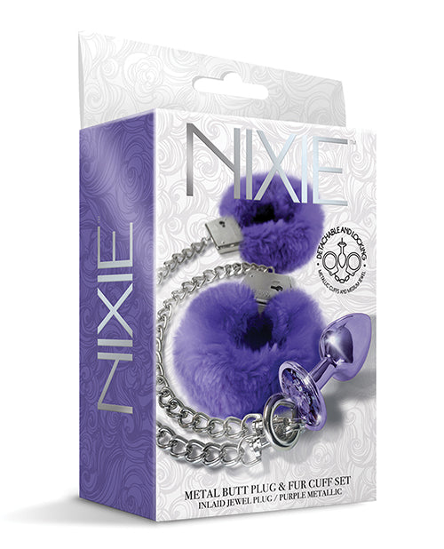Nixie Metal Butt Plug W/inlaid Jewel & Fur Cuff Set