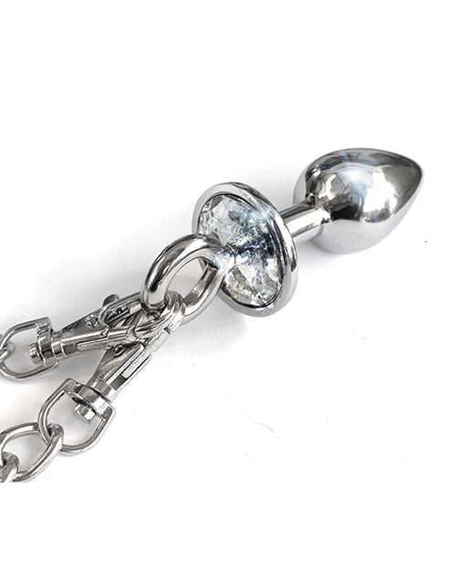Nixie Metal Butt Plug W-inlaid Jewel & Cuff Set - Silver Metallic