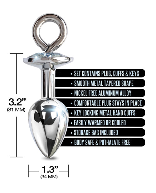 Nixie Metal Butt Plug W-inlaid Jewel & Cuff Set - Silver Metallic