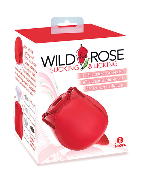 Wild Rose Rechargeable Silicone Suction & Tongue Vibrator - Red