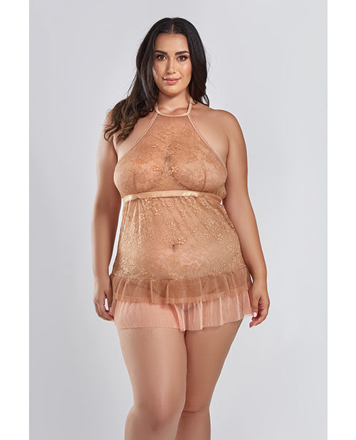 Amber Halter Lace Babydoll W/tiered Pleated Mesh Skirt Hem & G-string Brown