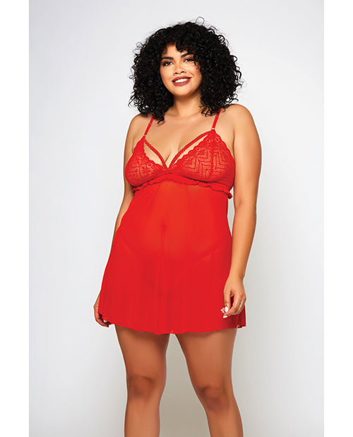 Galloon Lace & Fine Mesh Babydoll & G-string Red - Casual Toys