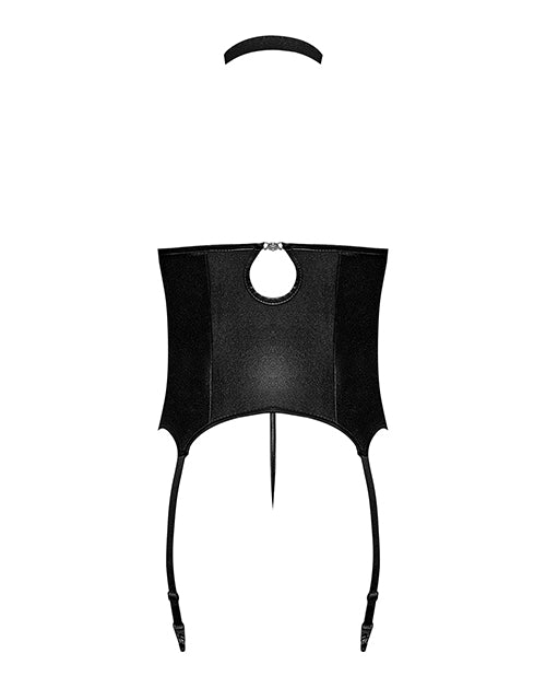 Lust Mistress Cupless Corset W/velcro Choker Collar, Metal Garters & G-string Black - Casual Toys