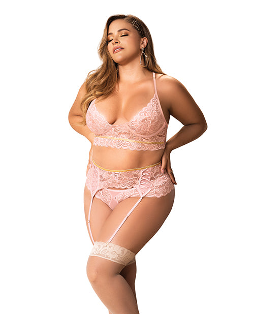 Lace Underwire Bra, Thong & Garterbelt W/lace Up Detail Rose