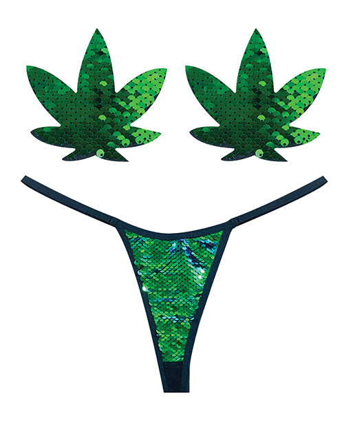 Neva Nude Naughty Knix Weed Leaf Sequin G-string & Pasties - Green  O-s - Casual Toys