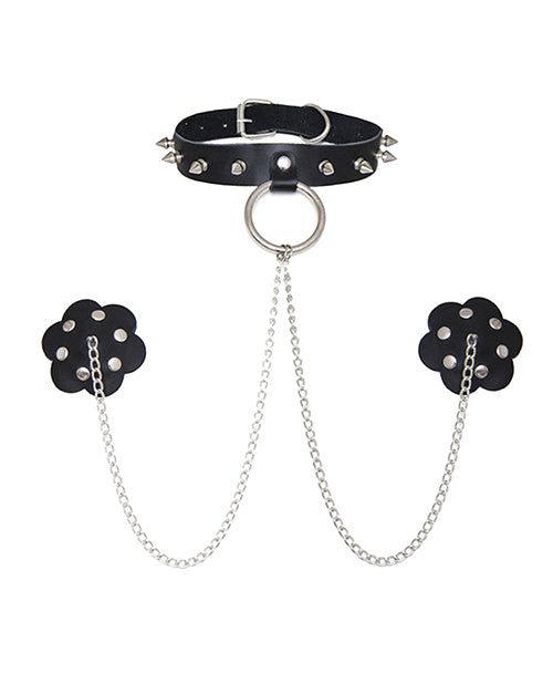Burlesque Slave 4 U Chain Neck Choker Leather Reusable Silicone Nipztix - Black O-s - Casual Toys