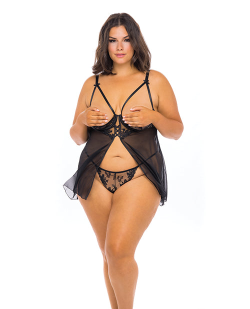 Kira Embroidered Open Cup Flyaway Babydoll & G-string Black - Casual Toys