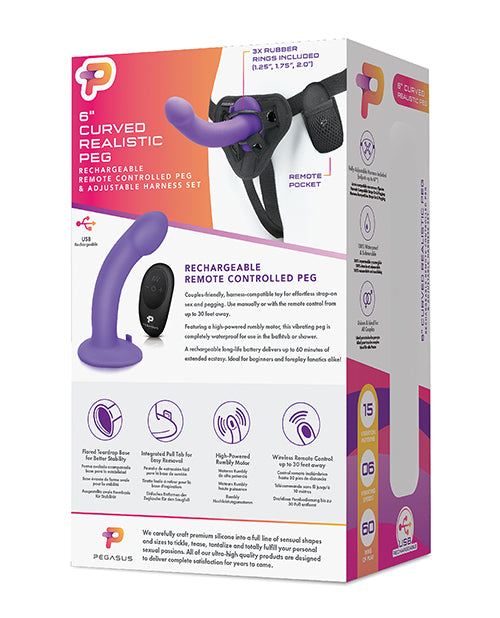 Pegasus 6" Rechargeable Curved Peg W-adjustable Harness & Remote Set - Purple - Casual Toys