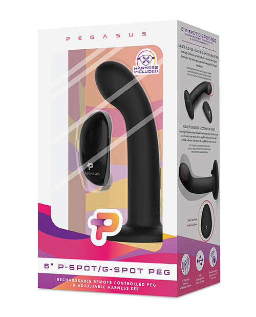 Pegasus 6" Rechargeable P-spot G-spot Peg W-adjustable Harness & Remote Set - Black - Casual Toys