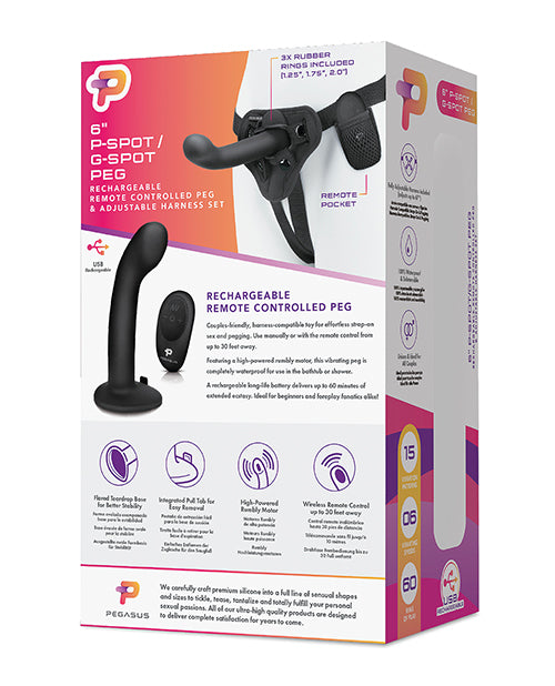 Pegasus 6" Rechargeable P-spot G-spot Peg W-adjustable Harness & Remote Set - Black - Casual Toys