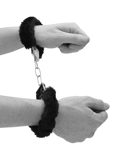 Shots Ouch Black & White Beginner's Furry Hand Cuffs - Black - Casual Toys