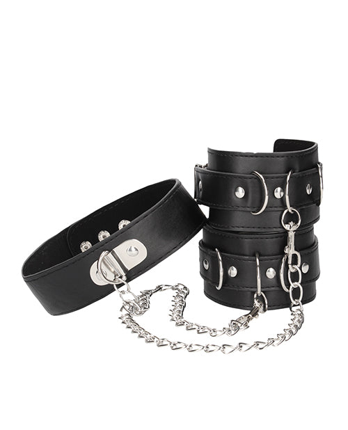 Shots Ouch Black & White Bonded Leather Collar W-hand Cuffs - Black