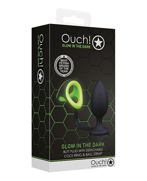 Shots Ouch Butt Plug W-cock Ring & Ball Strap - Glow In The Dark