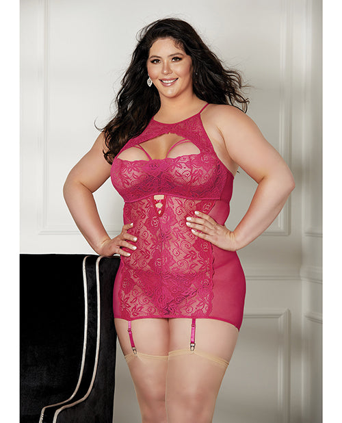Collared Sheer Lace & Gartered Chemise Raspberry - Casual Toys