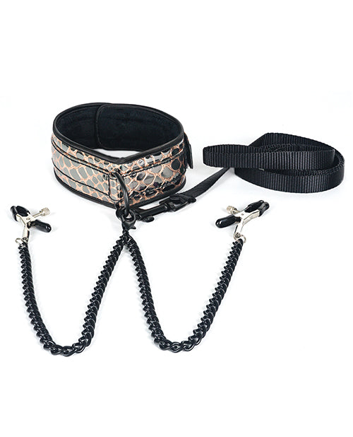 Spartacus Faux Leather Collar & Leash W/black Nipple Clamps - Casual Toys