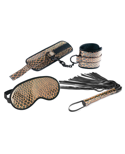 Spartacus Faux Leather Wrist Restraints Blindfold & Flogger Bondage Kit - Gold - Casual Toys