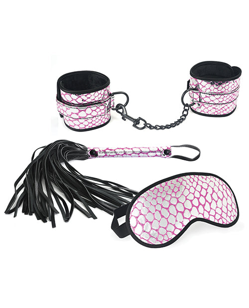 Spartacus Faux Leather Wrist Restraints Blindfold & Flogger Bondage Kit - Pink - Casual Toys