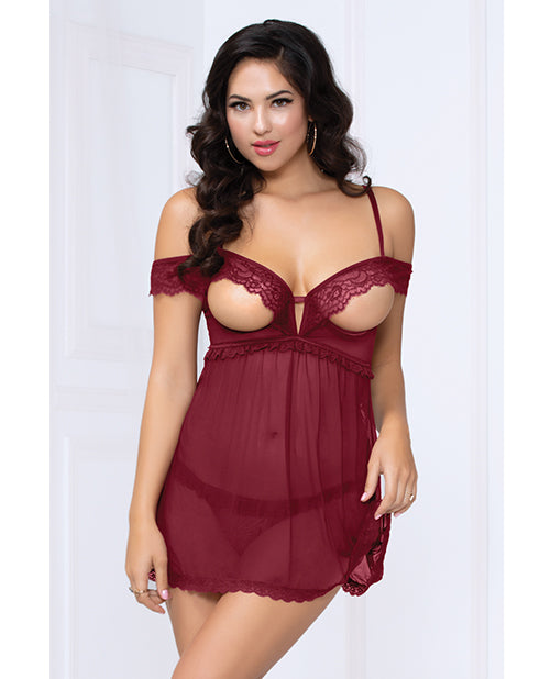 Lace and Mesh Open Cups Babydoll With fly Away Back and Panty Wine - Casual Toys