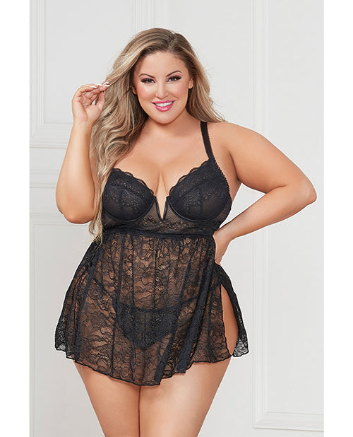 Stretch Lace Babydoll W/underwire Cups & G-string Black - Casual Toys
